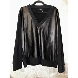 DKNY  Black  Front Faux Leather  V-neck  Sweatshirt  XL